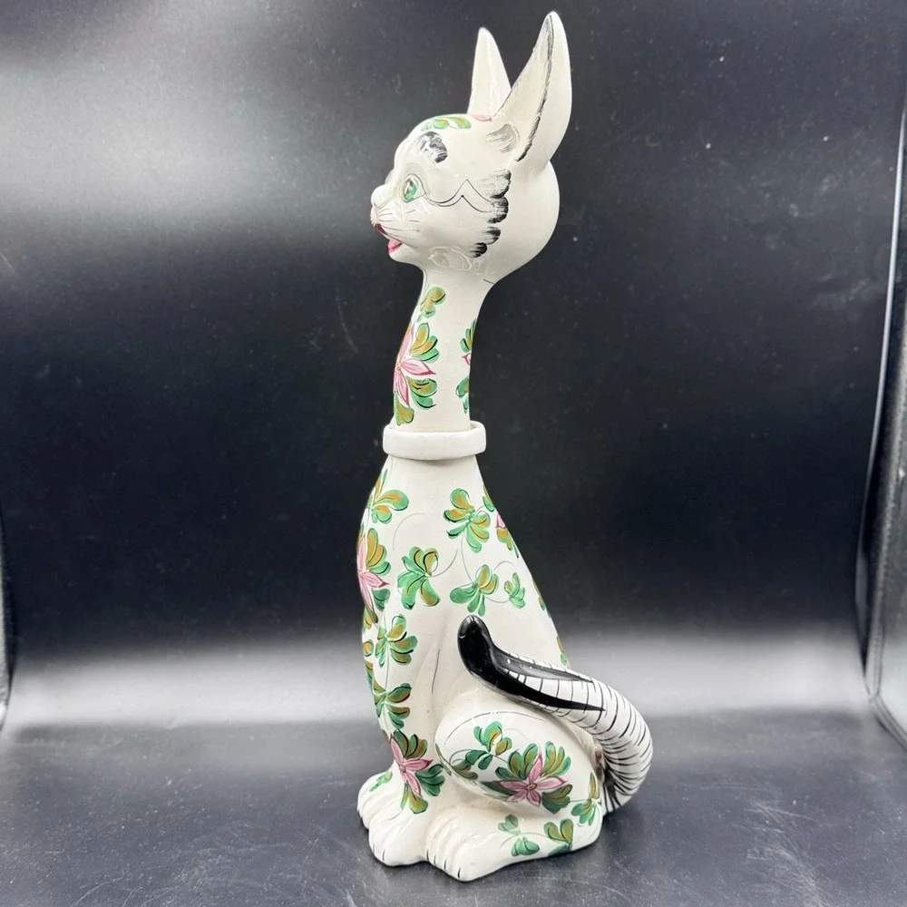 VTG Long Neck Ceramic Cat LARGE Figurine Made Italy‎ 1960s Floral W/Bow Rare 17